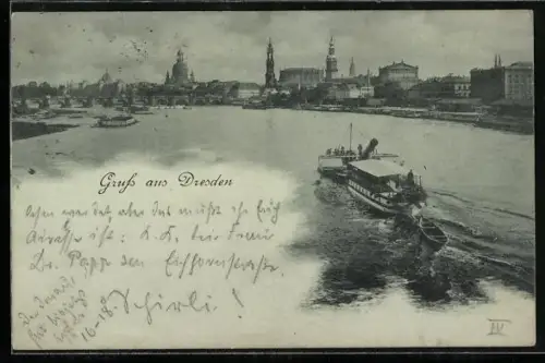 Mondschein-AK Dresden, Elbblick mit Dampfschiff und Altstadtpanorama
