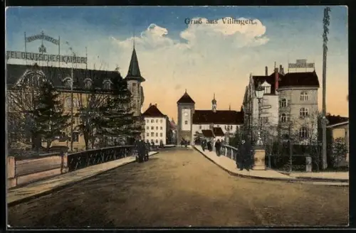 AK Villingen / Baden, Hotel Deutscher Kaiser, Ortspartie mit Turm