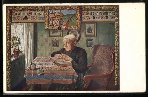 AK Gemälde von deutschen Soldaten in Uniform mit Gewehren in der Stube einer alten Dame