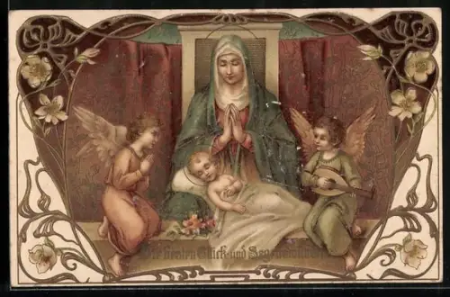 AK Das Jesuskind im Kreise von Engeln und seiner Mutter Maria