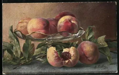 Künstler-AK M.Billing: Stillleben mit reifen Pfirsichen