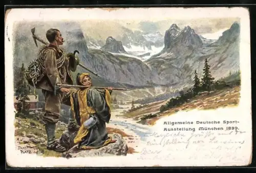 Künstler-AK Ernst Platz: München, Allgemeine Deutsche Sport-Ausstellung 1899, Münchner Kindl, Bergsteiger