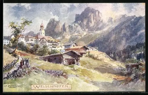 Künstler-AK Edward Theodore Compton: Welschnofen, Teilansicht mit Kirche und Gebirge