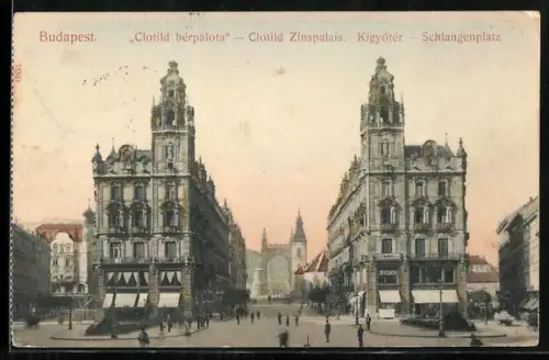 AK Budapest, Clotild bérpalota und Kigyotér, Clotild Zinspalais und Schlangenplatz