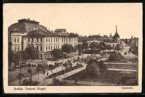 AK Braila, Teatrul Regal, Strassenbahn, Theater