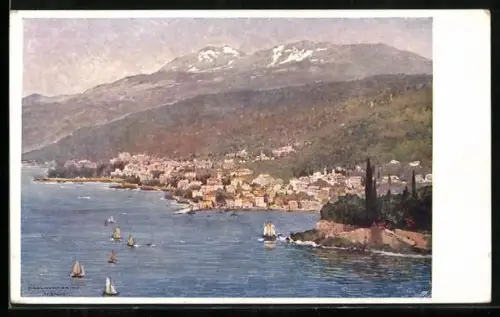 Künstler-AK Abbazia, Ortsansicht mit Meer und Bergen