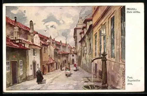 Künstler-AK Ferdinand Engelmüller: Prag, Zlatá ulicka mit Brunnen und Frauen