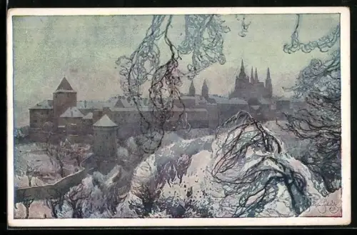 Künstler-AK Jaroslav Setelik: Prag, Hradschin im Winter