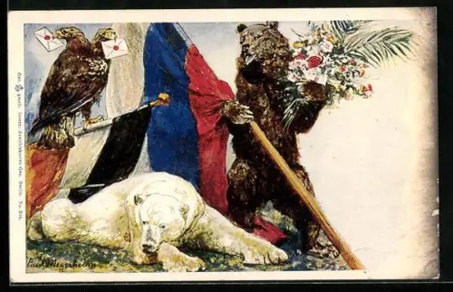 Künstler-AK sign. Paul Meyerheim: Russischer Bär, Reichsfahne und österreichischer Doppelkopfadler