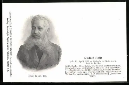 AK Rudolf Falb, Portrait des Katholischen Geistlichen und naturwissenschaftlichen Forschers