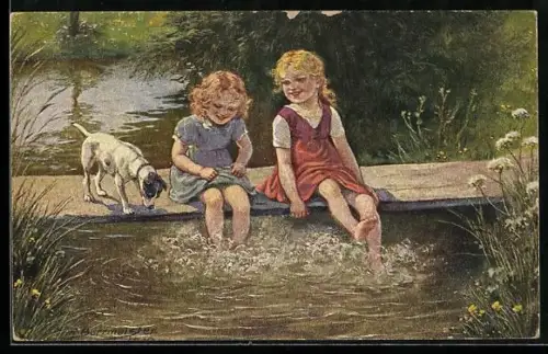 Künstler-AK R. Borrmeister: Sommerlust, Mädchen strecken Füsse ins Wasser