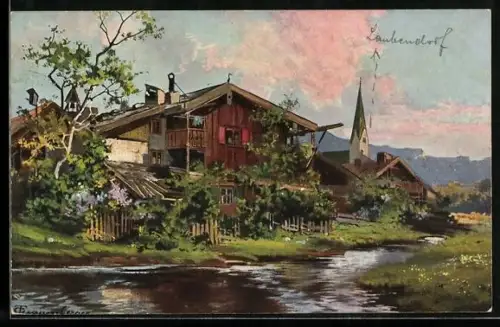 Künstler-AK Theodor Guggenberger: Haus an einem Fluss, Blick zur Kirche