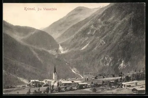 AK Krimml, Ortspanorama mit Wasserfällen