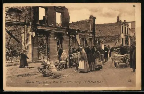 AK Ortelsburg, Markt auf der Strasse zwischen Ruinen