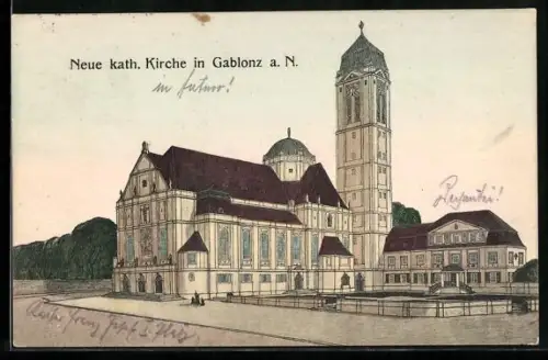 AK Gablonz / Jablonec Nad Nisou, Partie an der neuen katholischen Kirchen