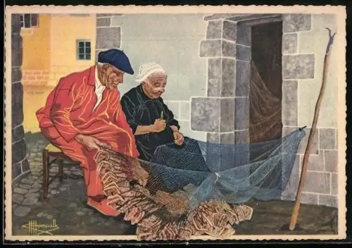 Künstler-AK Charles Homualk: Grossmütterchen flickt das Fischernetz