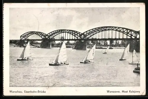 AK Warschau, Eisenbahn-Brücke mit Segelbooten
