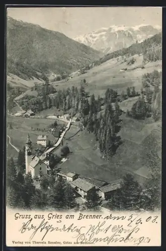 AK Gries am Brenner, Panorama mit Kirche und Strassenpartie