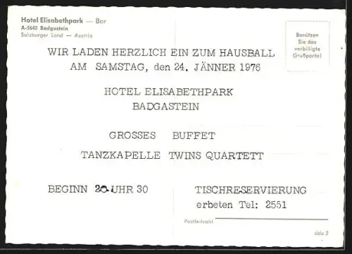 AK Badgastein, Hotel Elisabethpark, Bar, Innenansicht