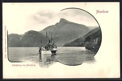 AK Mondsee, Schafberg von Blomberg mit Dampfer