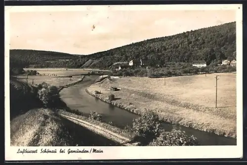 AK Schönau bei Gemünden, Flusspartie mit Brücke und Gebäuden der Ortschaft