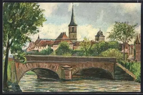 Künstler-AK Lohr a. M., Stadtkirche, Kapuzinerkloster, Brücke
