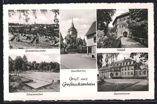 AK Grosssachsenheim, Gesamtansicht, Stadtkirche, Schloss, Schwimmbad, Gymnasium