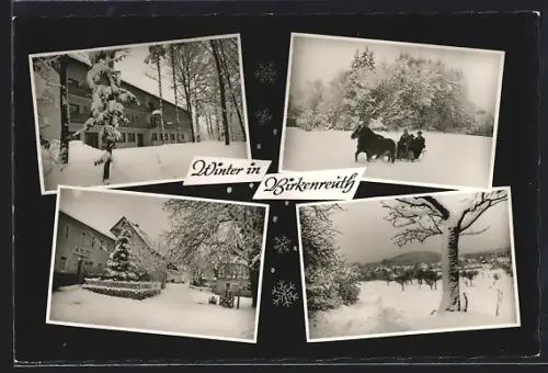 AK Birkenreuth /Fränkische Schweiz, Winteransichten, verschneite Strassen, Pferdeschlitten, Dorfpanorama