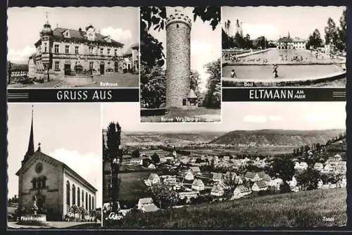 AK Eltmann am Main, Rathaus, Bad, Pfarrkirche, Ruine Wallburg, Totalansicht