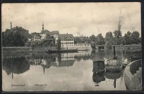 AK Schweinfurt, Mainpartie, Dampfboot vom Strassen- und Flussbauamt am Ufer