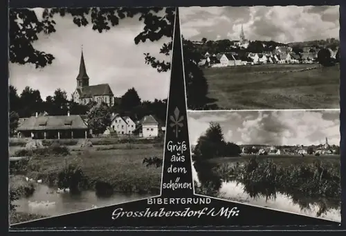 AK Grosshabersdorf /Mfr., Blick auf die Kirche, Ortsansicht vom Feld aus