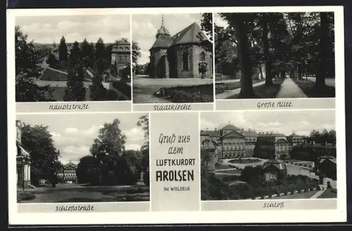 AK Arolsen in Waldeck, Stadtkirche, Schlossstrasse, Hauptstrasse, Grosse Allee, Ansicht vom Schloss