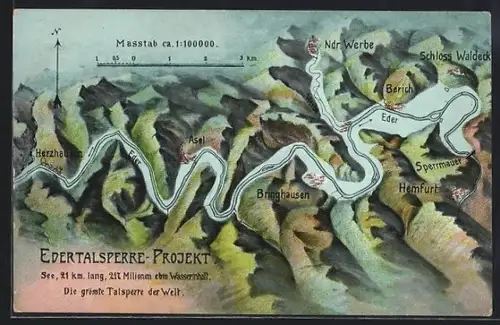 Künstler-AK Waldeck / Hessen, Panorama-Ansicht vom Edertalsperre-Projekt