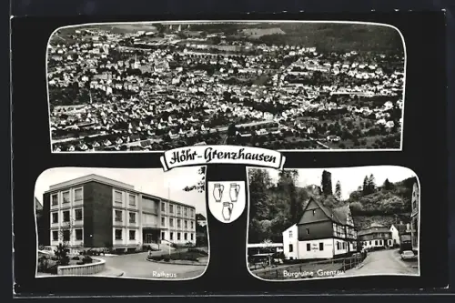 AK Höhr-Grenzhausen, Ortsansicht aus der Vogelschau, Rathaus, Burgruine Grenzau