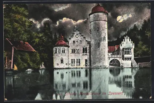 AK Mespelbrunn, Schloss Mespelbrunn im Spessart bei Nacht
