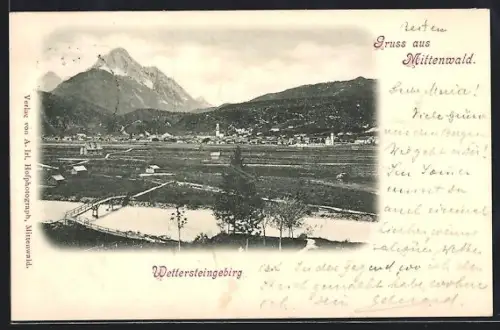 AK Mittenwald, Ortsmotiv mit Blick auf das Wettersteingebirge