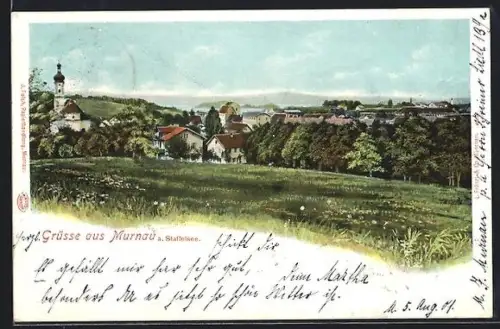 AK Murnau, Blick vom Ortsrand, Kirche