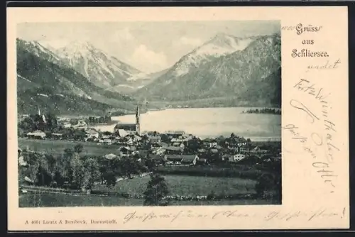 AK Schliersee, Ortsansicht mit dem Schliersee und dem Hochgebirge