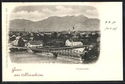 AK Rosenheim / Bayern, Totalansicht mit Brücke und Bergpanorama