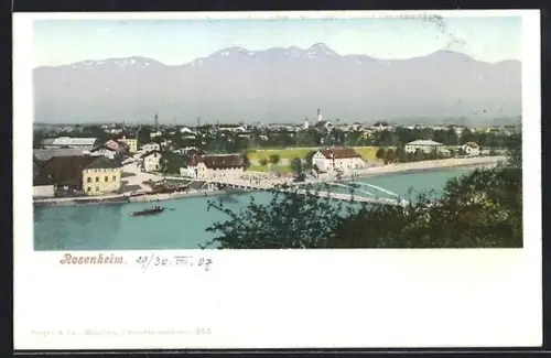 AK Rosenheim / Bayern, Ortsansicht mit Brücke gegen die Berge
