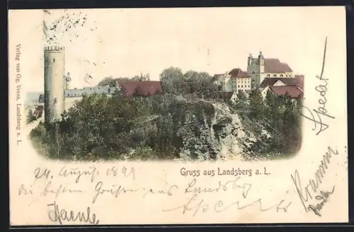 AK Landsberg a. L., Ortspartie mit Schloss