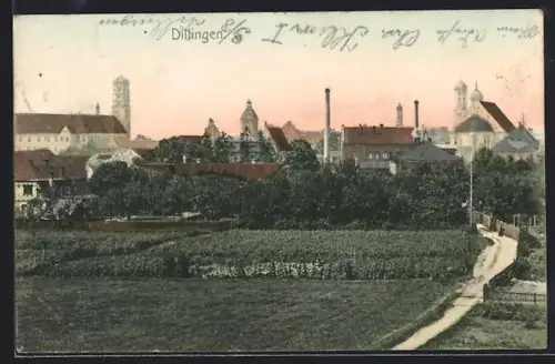AK Dillingen / Donau, Ortsansicht mit Fabrik vom Feld aus