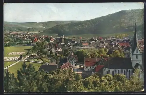 AK Blaubeuren, Teilansicht mit Kirche und Bergpanorama