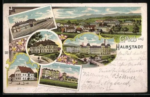 Lithographie Halbstadt, Bahnhof, Schloss, Schule, Ortsansicht