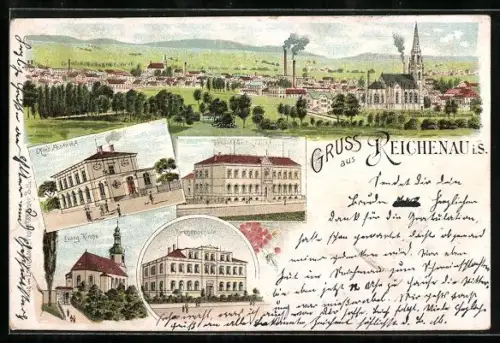 Lithographie Reichenau i. S., Kais. Postamt, Amtsgericht, Kirchenschule, Evang. Kirche