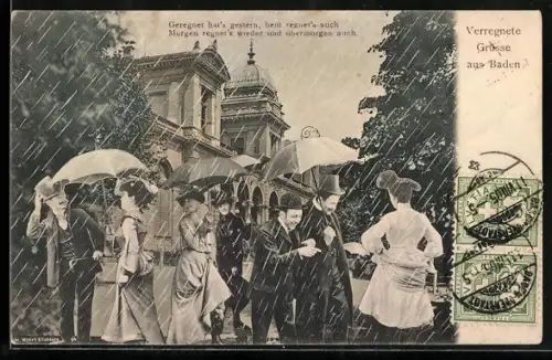 Regen-AK Baden, Menschen mit Schirmen auf einer Strasse, Gedicht
