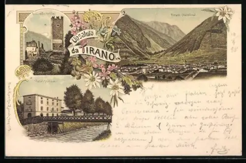 Lithographie Tirano, Hotel Stelvio, Antico Castello, Panorama