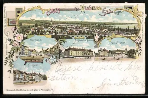 Lithographie Neusiedl am See, Cavallerie-Kaserne, Hauptgasse, Obere u. Untere Vorstadt
