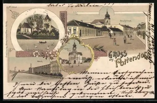 Lithographie Pottendorf, Fabrik, Schloss Esterhazy, Hauptstrasse