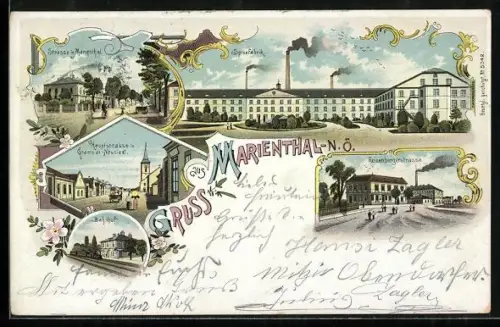 Lithographie Gramatneusiedl /N. Ö., Gruss aus Marienthal, Bahnhof, Spinnfabrik, Reisenbergerstrasse